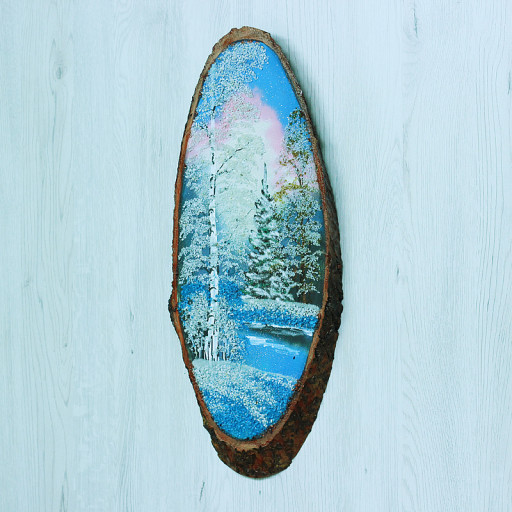 14160703 - Картина на спиле дерева одинокая береза 50 см зима