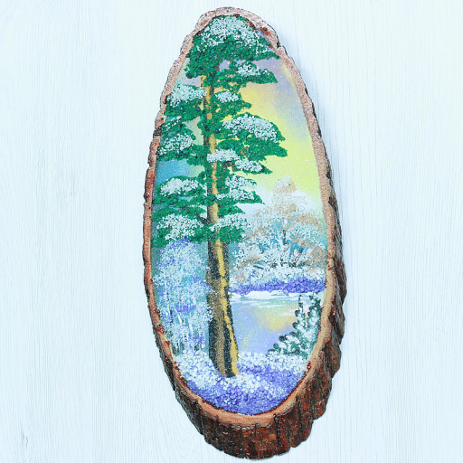 14160302 - Картина на спиле дерева вековые сосны 30 см зима.