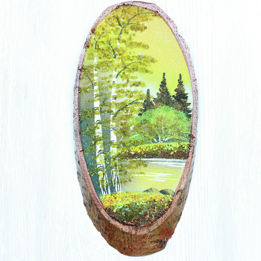 14160365 - Картина на спиле дерева утренний лес 30 см осень.