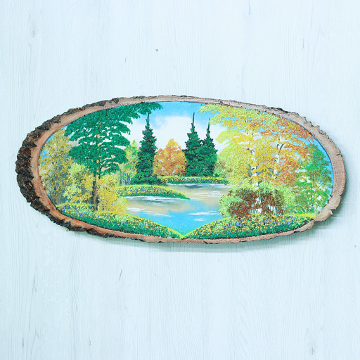 14161172 - Картина на спиле дерева вековые сосны 70 см осень.