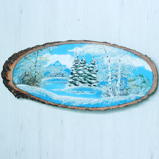 14161011 - Картина на спиле дерева русские березы 65 см зима