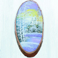 14160405 - Картина на спиле дерева утренний лес 35 см зима.