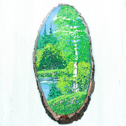 14160533 - Картина на спиле дерева одинокая береза 40 см лето.