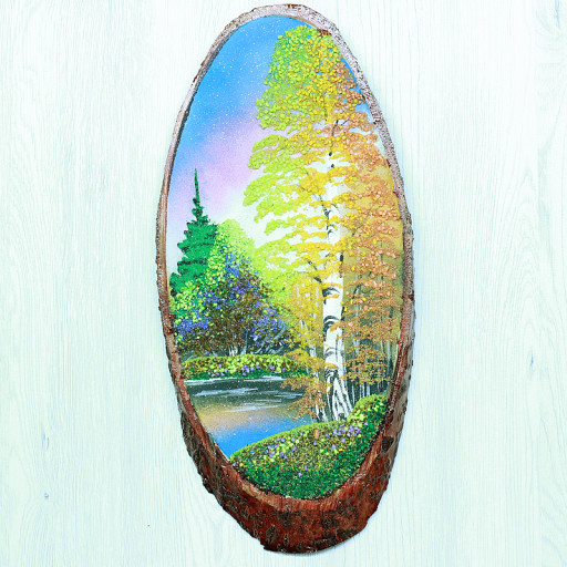 14160563 - Картина на спиле дерева одинокая береза 40 см осень.