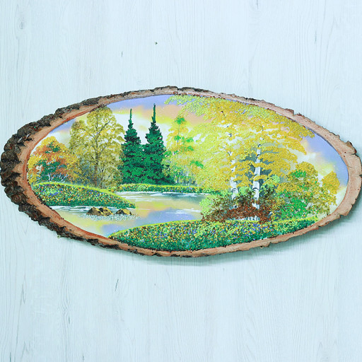 14161075 - Картина на спиле дерева утренний лес 65 см осень