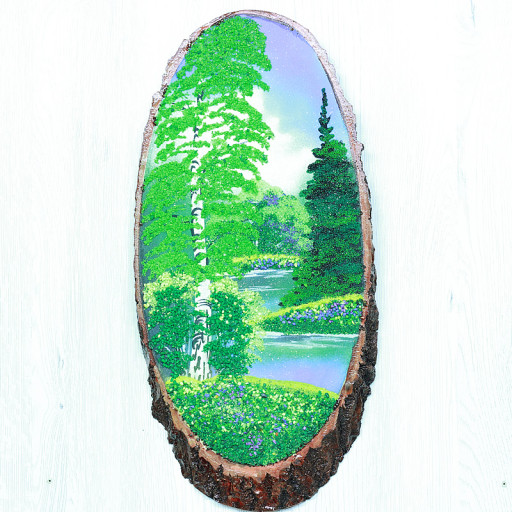 14160633 - Картина на спиле дерева одинокая береза 45 см лето.